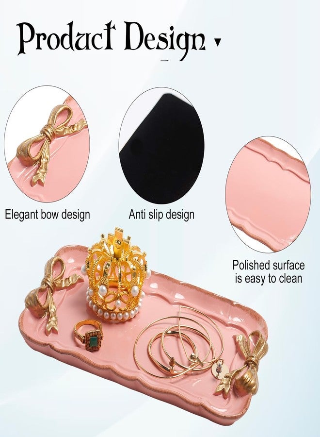 Warmtree Vintage Decorative Tray Jewelry Tray Towel Tray Storage Tray Rings Necklace Bracelets Earrings Trays Cosmetics Jewelry Organizer Retro Design Bow Decor Resin Plate Coquette Room Decor (Pink) - Image 3